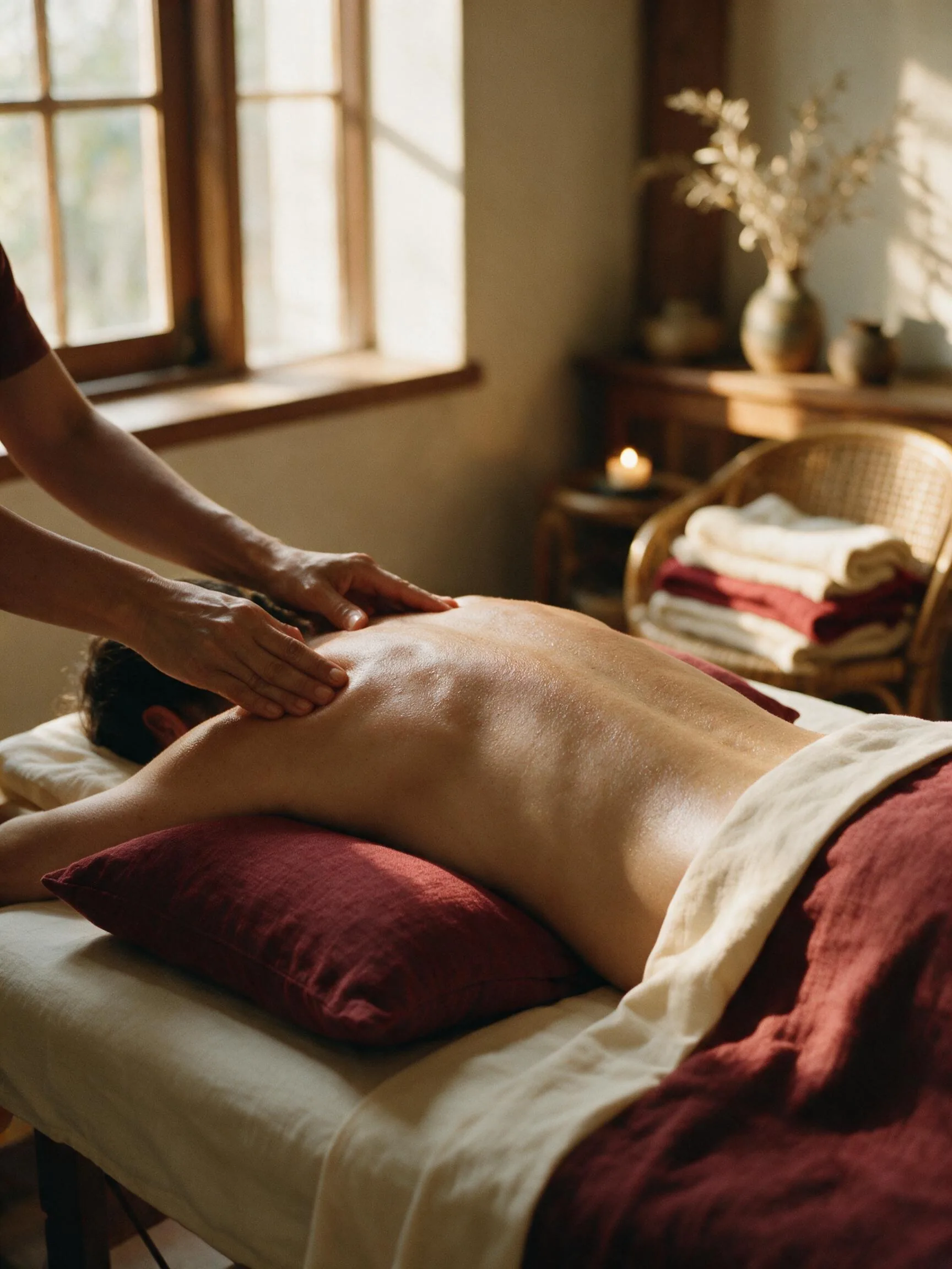 Traditionelle Thaimassage: Hände arbeiten entlang des Rückens, warmes Licht, Bordeaux-Leinen